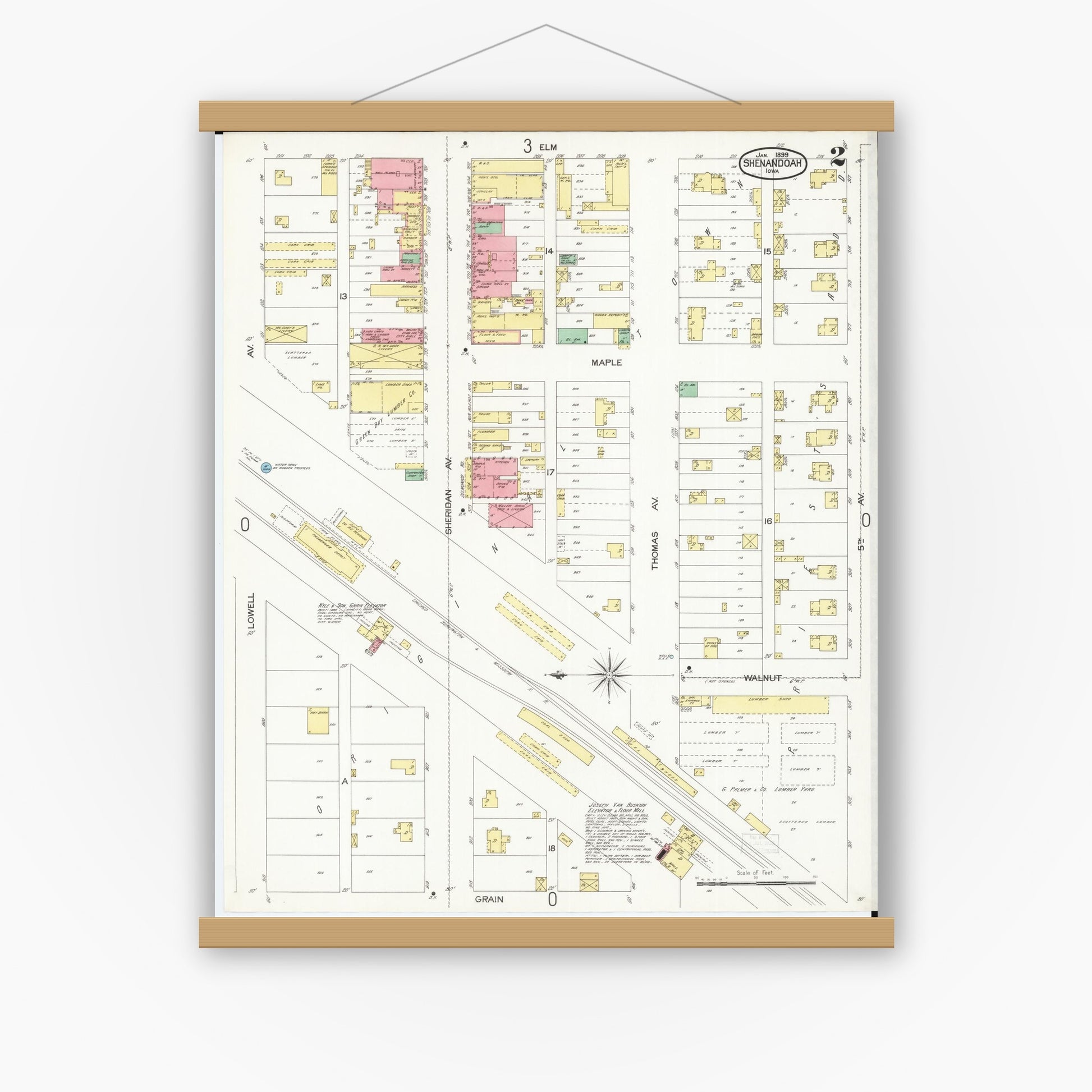 Old map wall art mockup — magnetic wood frame on white wall — Sanborn Fire Insurance Map from Shenandoah, Page County, Iowa (1899), Sheet #0002