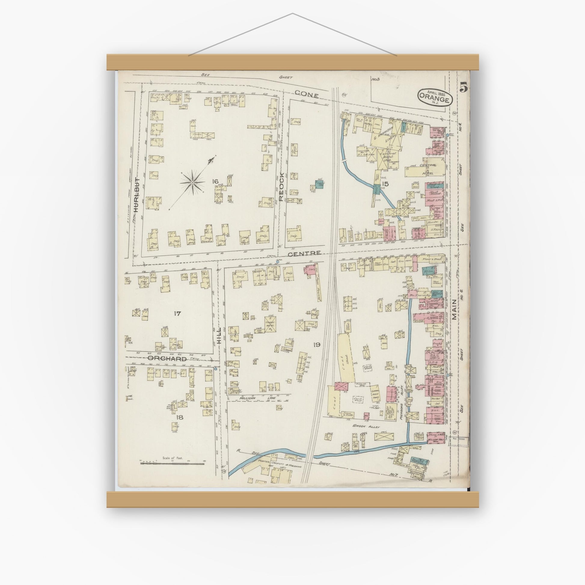 Old map wall art mockup — magnetic wood frame on white wall — Sanborn Fire Insurance Map from Orange, Essex County, New Jersey (1885), Sheet #0005