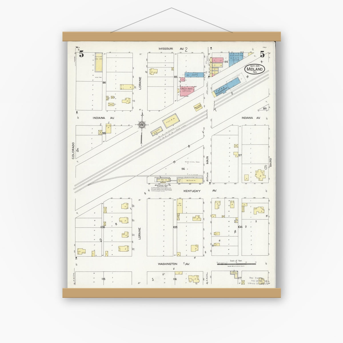 Old map wall art mockup — magnetic wood frame on white wall — Sanborn Fire Insurance Map from Midland, Midland County, Texas (1925), Sheet #0005