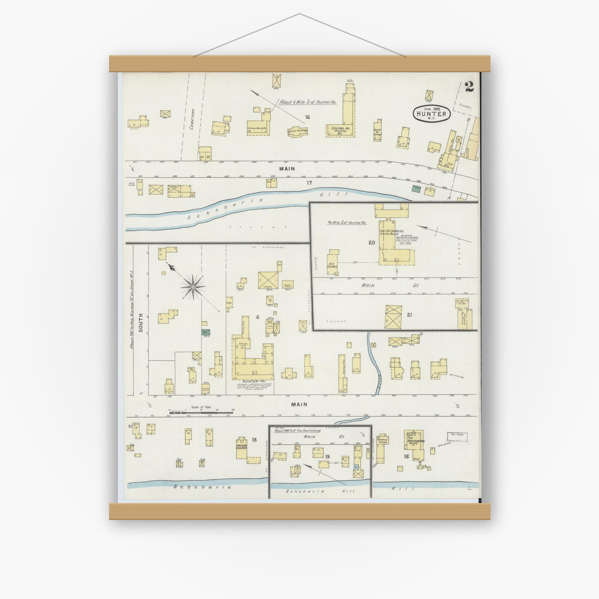 Old map wall art mockup — magnetic wood frame on white wall — Sanborn Fire Insurance Map from Hunter, Greene County, New York (1895), Sheet #0002