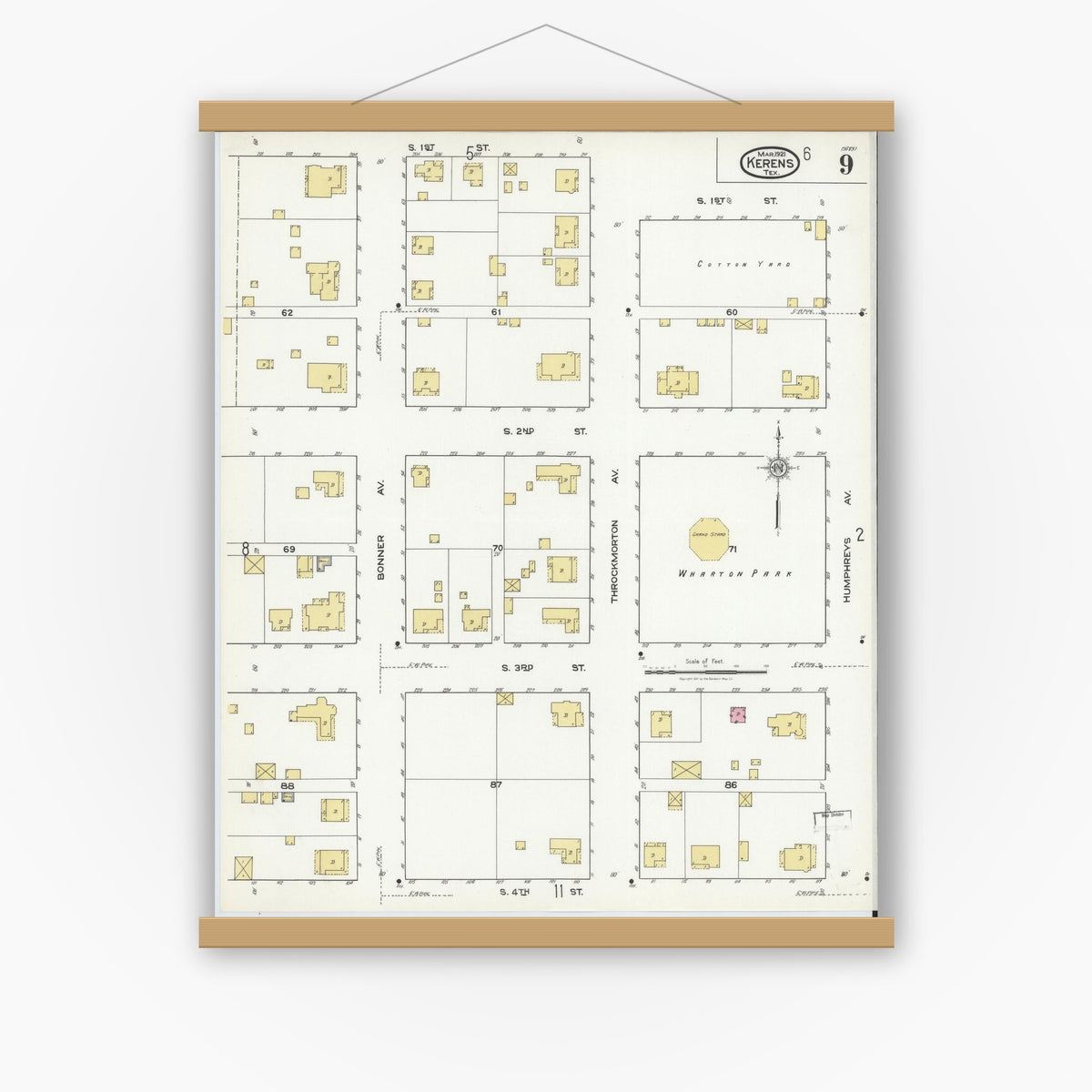Old map wall art mockup — magnetic wood frame on white wall — Sanborn Fire Insurance Map from Kerens, Navarro County, Texas (1921), Sheet #0009