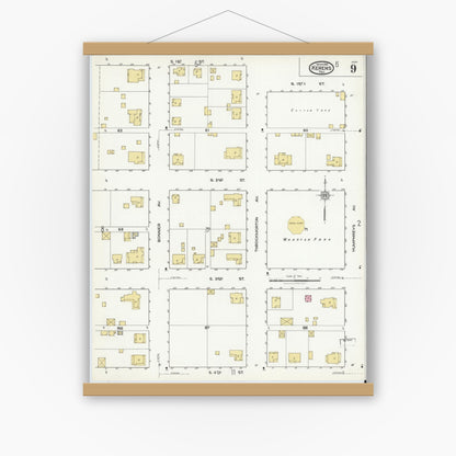 Old map wall art mockup — magnetic wood frame on white wall — Sanborn Fire Insurance Map from Kerens, Navarro County, Texas (1921), Sheet #0009