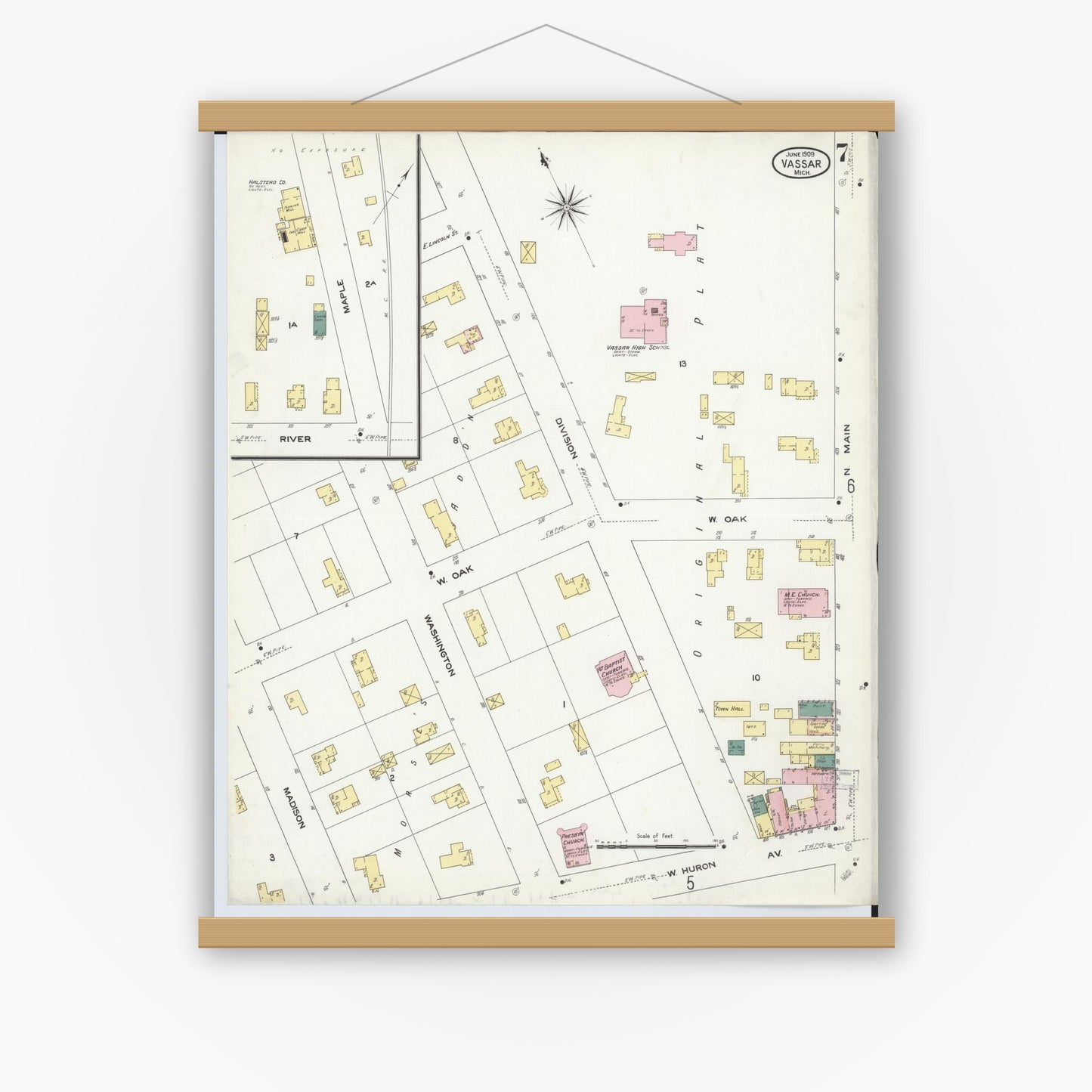 Old map wall art mockup — magnetic wood frame on white wall — Sanborn Fire Insurance Map from Vassar, Tuscola County, Michigan (1909), Sheet #0007