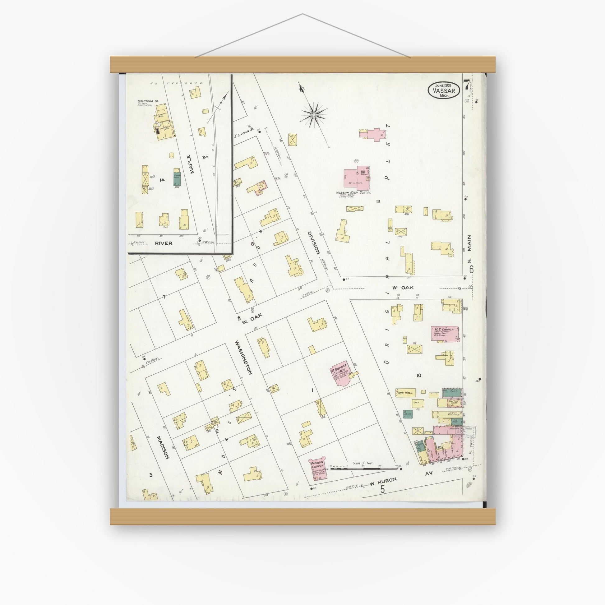 Old map wall art mockup — magnetic wood frame on white wall — Sanborn Fire Insurance Map from Vassar, Tuscola County, Michigan (1909), Sheet #0007