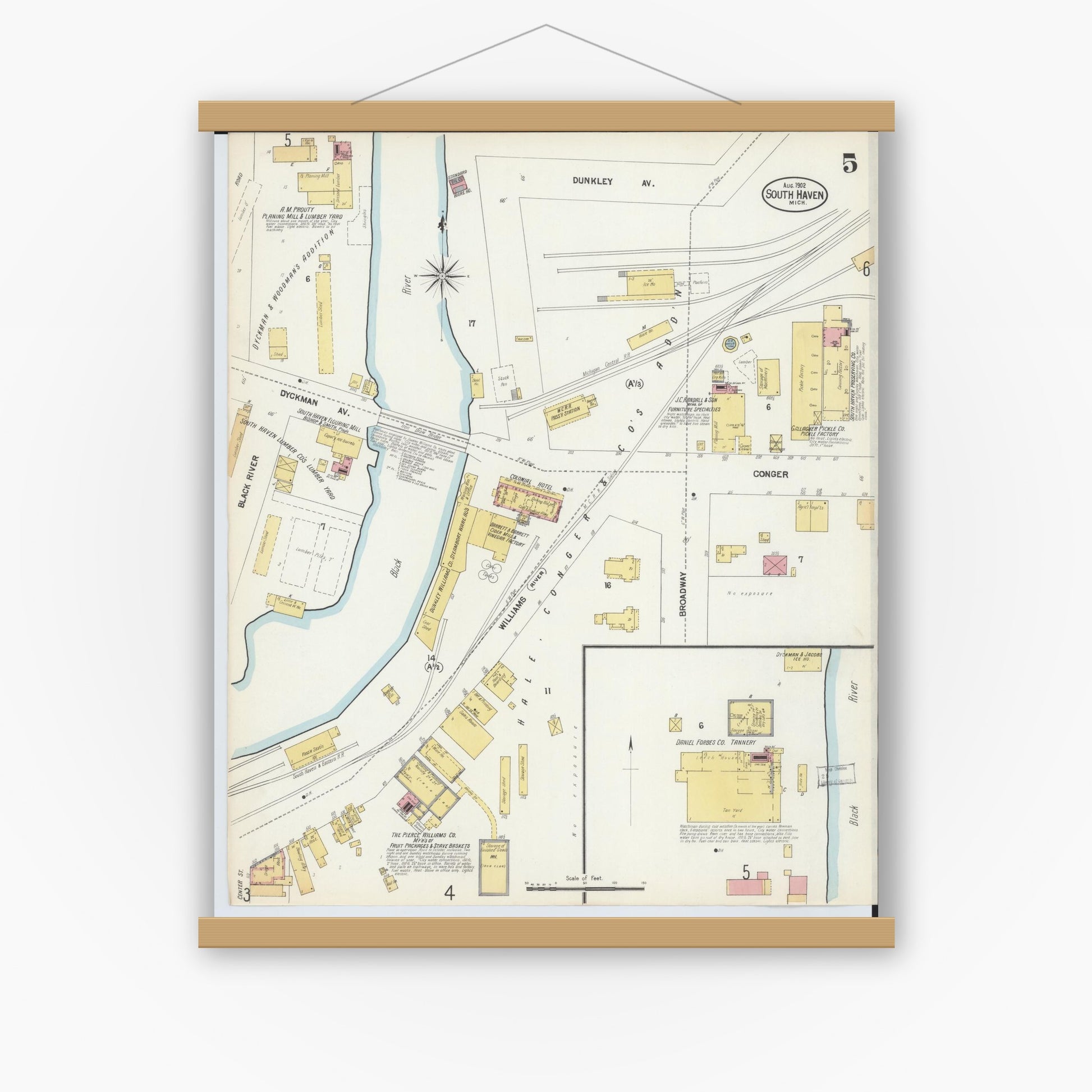 Old map wall art mockup — magnetic wood frame on white wall — Sanborn Fire Insurance Map from South Haven, Van Buren County, Michigan (1902), Sheet #0005