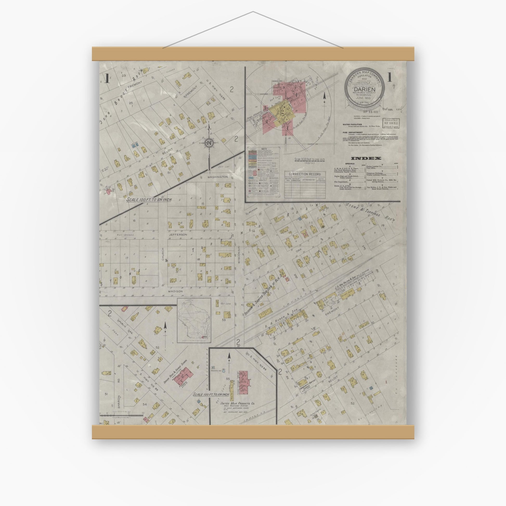 Old map wall art mockup — magnetic wood frame on white wall — Sanborn Fire Insurance Map from Darien, Walworth County, Wisconsin (1933) - Complete Map Set