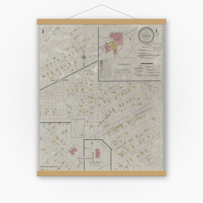 Old map wall art mockup — magnetic wood frame on white wall — Sanborn Fire Insurance Map from Darien, Walworth County, Wisconsin (1933) - Complete Map Set
