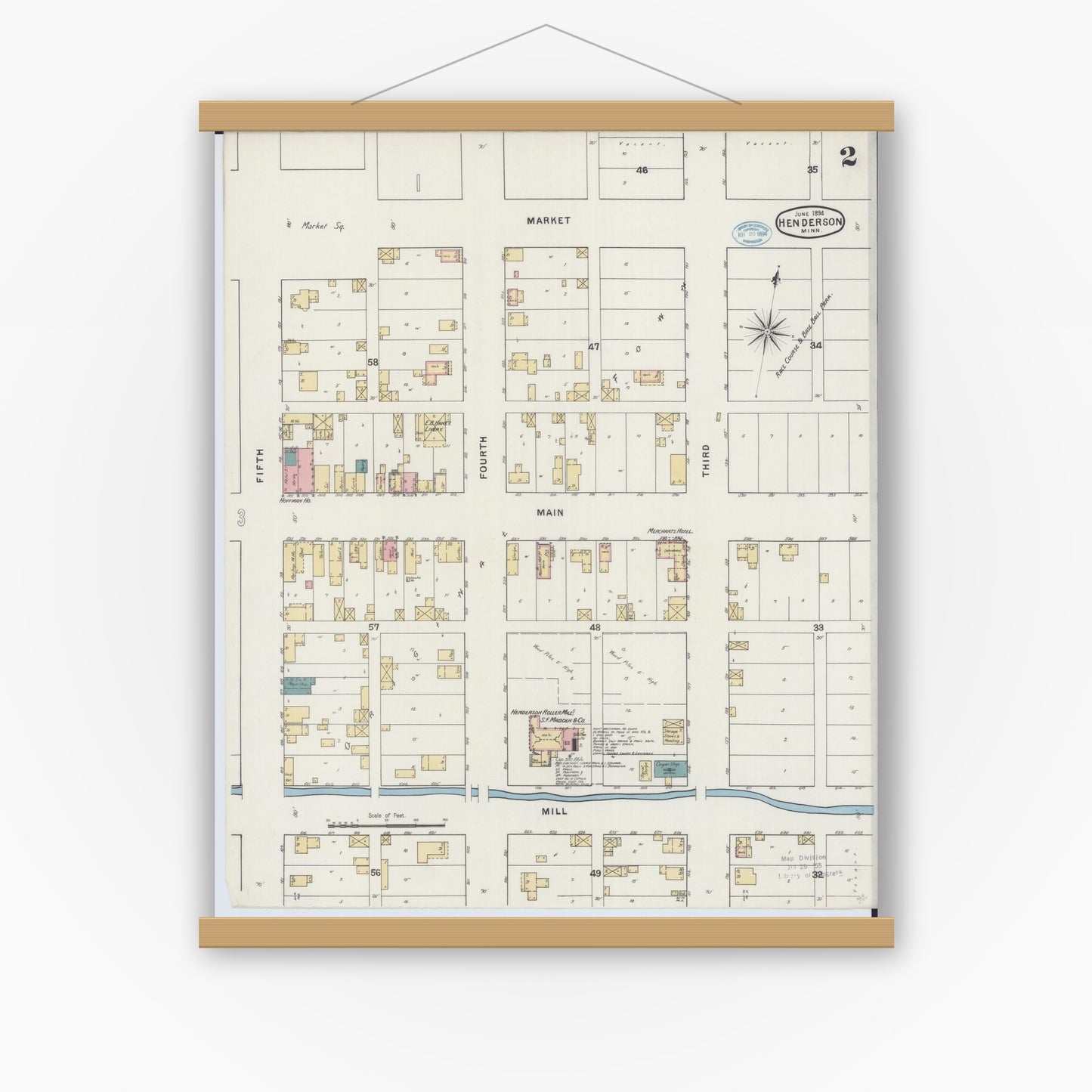 Old map wall art mockup — magnetic wood frame on white wall — Sanborn Fire Insurance Map from Henderson, Sibley County, Minnesota (1894), Sheet #0002