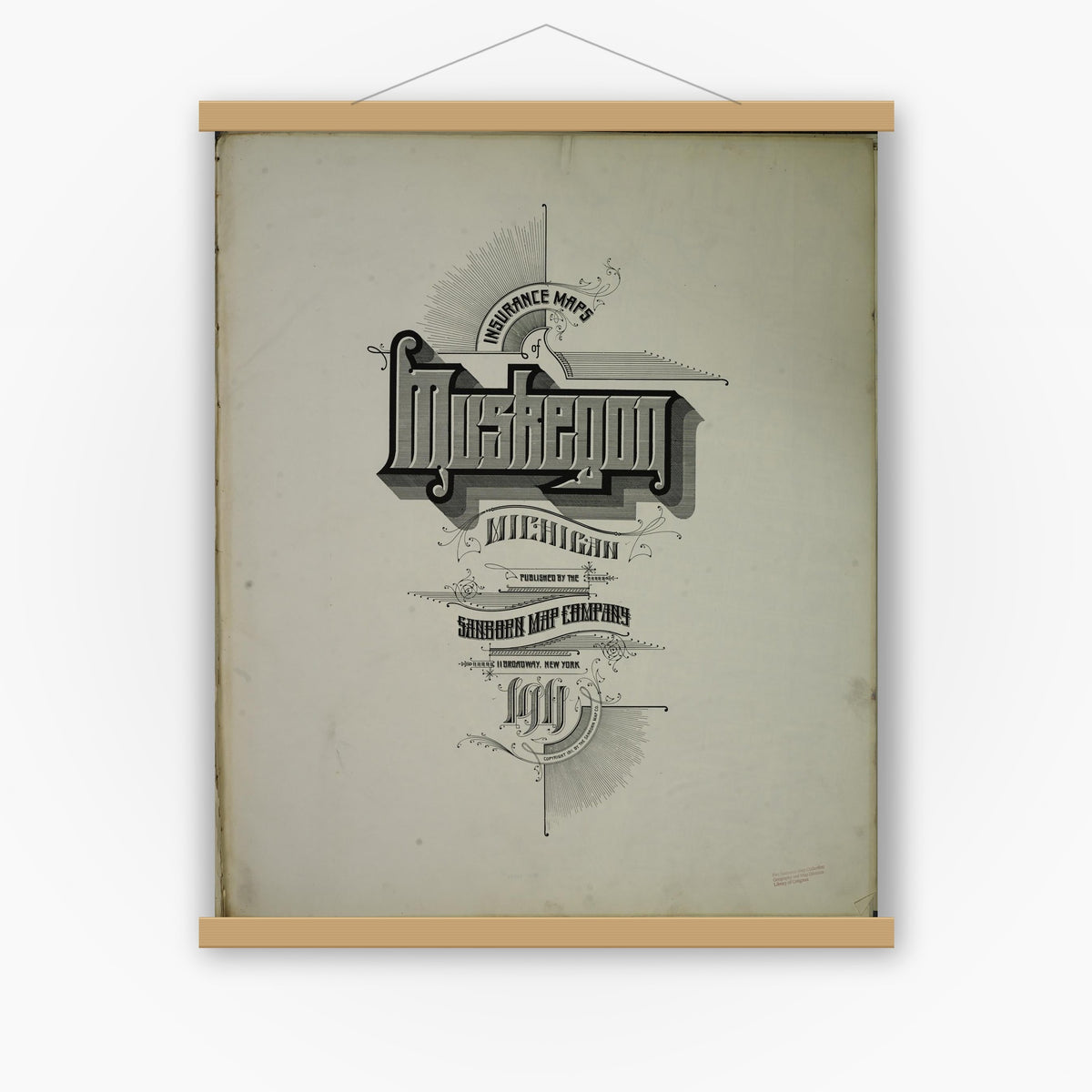 Old map wall art mockup — magnetic wood frame on white wall — Sanborn Fire Insurance Map from Muskegon, Muskegon County, Michigan (1911), Sheet #0001