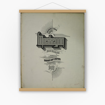Old map wall art mockup — magnetic wood frame on white wall — Sanborn Fire Insurance Map from Muskegon, Muskegon County, Michigan (1911), Sheet #0001