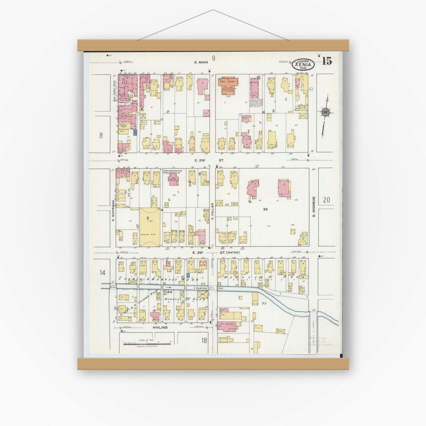 Old map wall art mockup — magnetic wood frame on white wall — Sanborn Fire Insurance Map from Xenia, Greene County, Ohio (1919), Sheet #0015