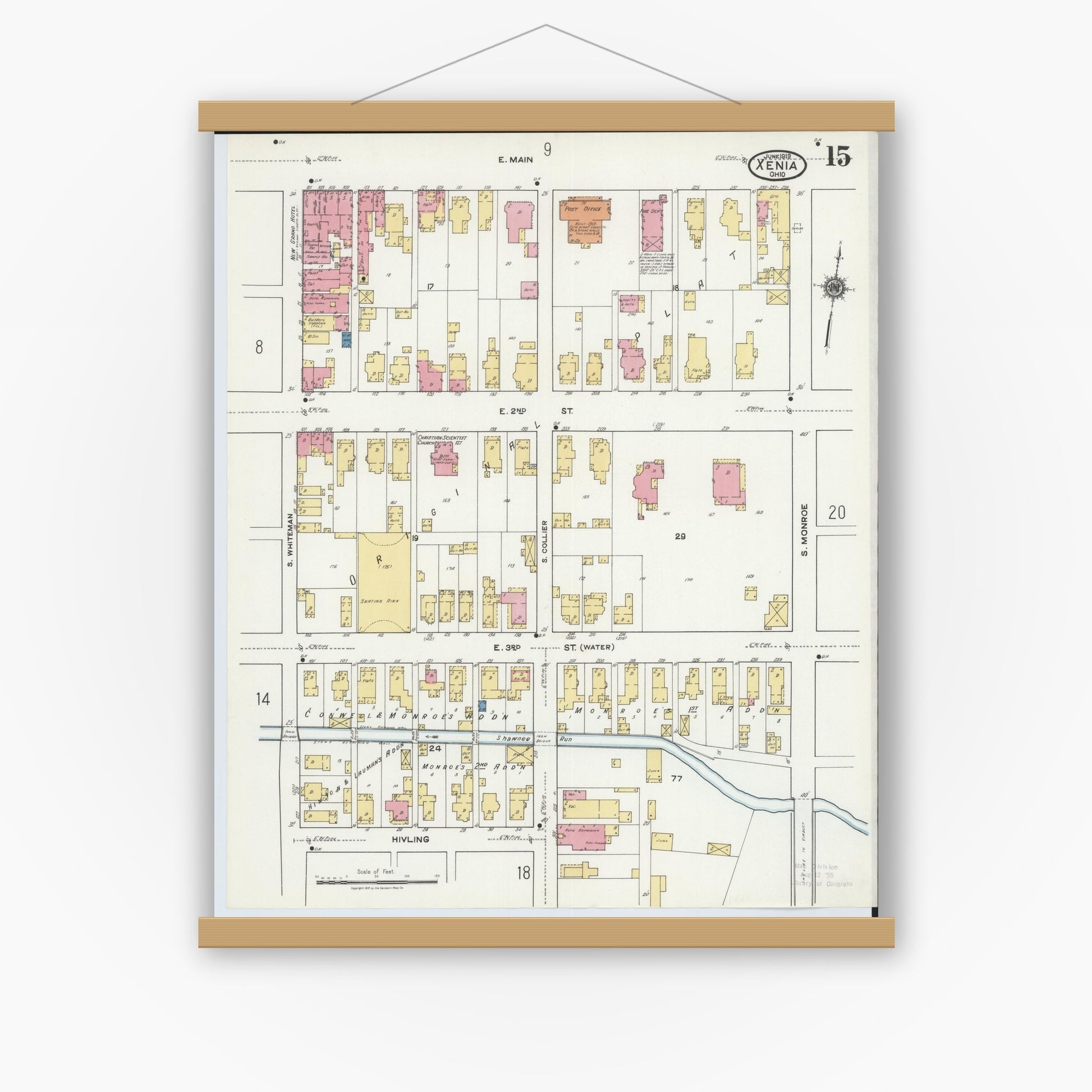 Old map wall art mockup — magnetic wood frame on white wall — Sanborn Fire Insurance Map from Xenia, Greene County, Ohio (1919), Sheet #0015