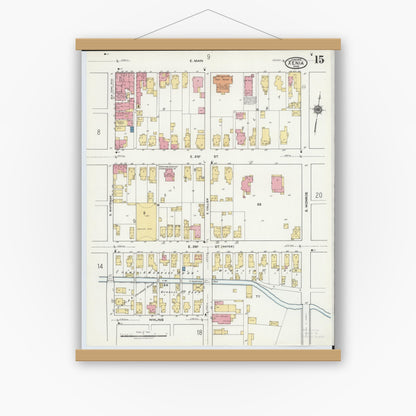 Old map wall art mockup — magnetic wood frame on white wall — Sanborn Fire Insurance Map from Xenia, Greene County, Ohio (1919), Sheet #0015