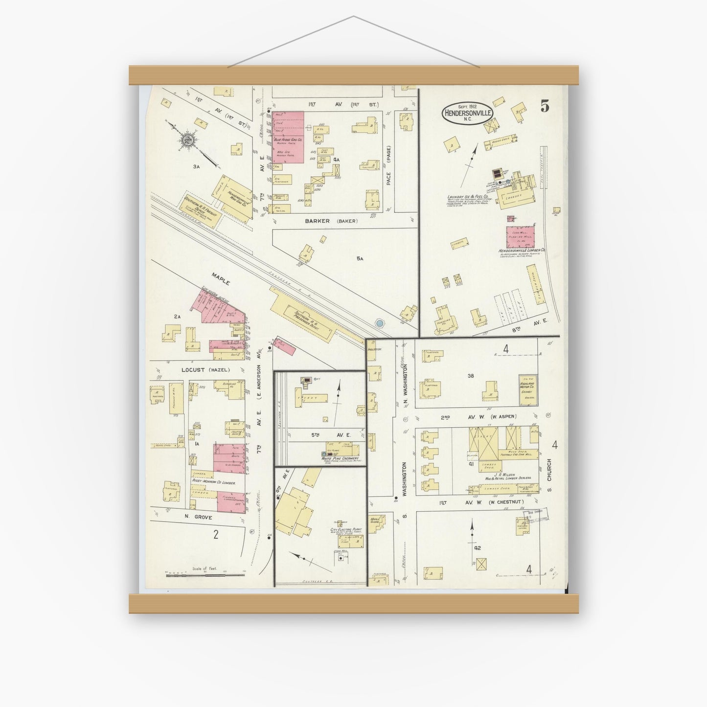 Old map wall art mockup — magnetic wood frame on white wall — Sanborn Fire Insurance Map from Hendersonville, Henderson County, North Carolina (1912), Sheet #0005