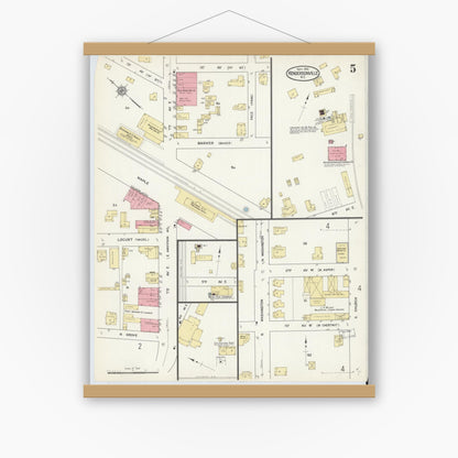 Old map wall art mockup — magnetic wood frame on white wall — Sanborn Fire Insurance Map from Hendersonville, Henderson County, North Carolina (1912), Sheet #0005
