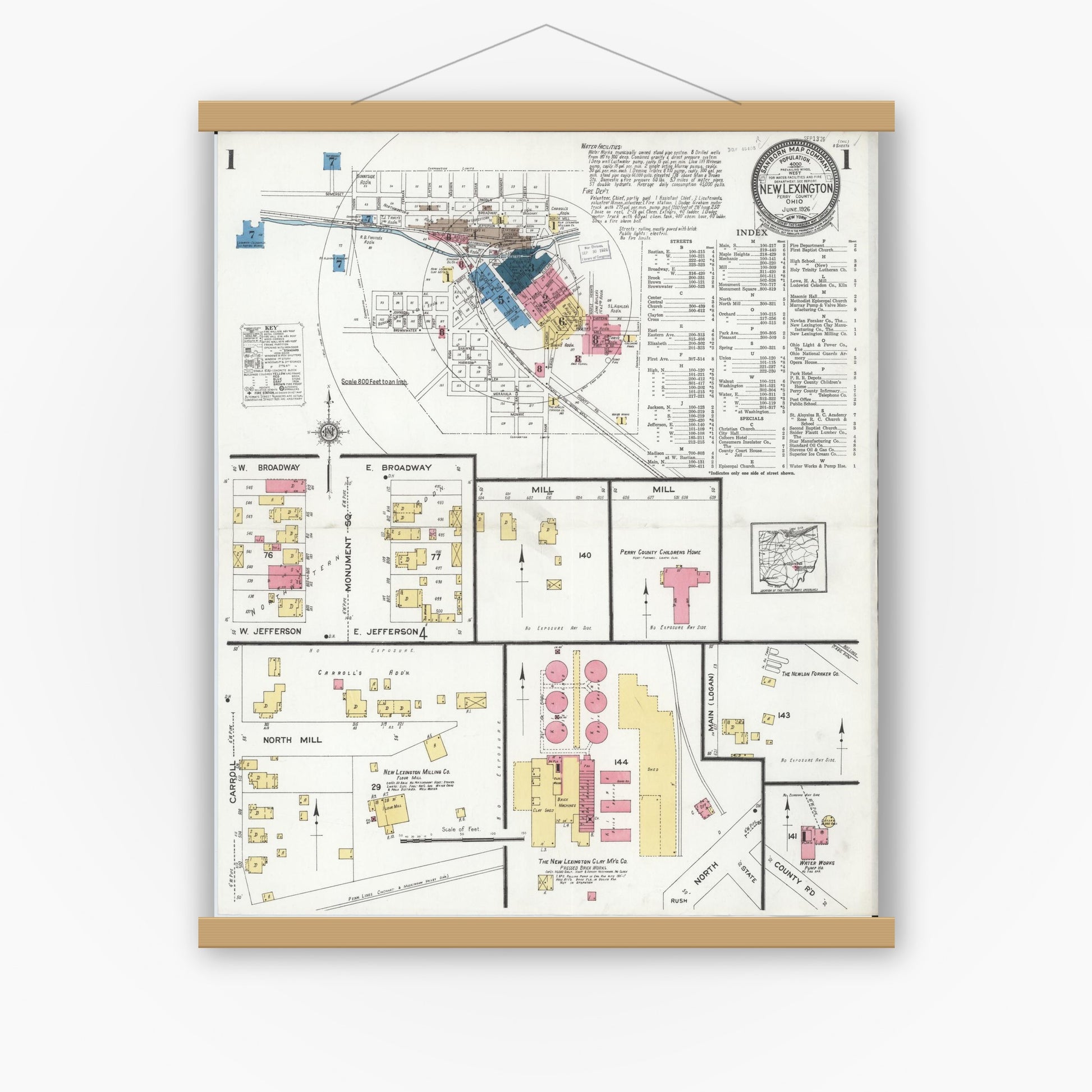 Old map wall art mockup — magnetic wood frame on white wall — Sanborn Fire Insurance Map from New Lexington, Perry County, Ohio (1926), Sheet #0001