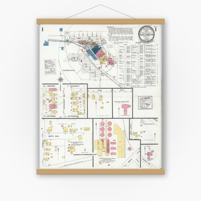 Old map wall art mockup — magnetic wood frame on white wall — Sanborn Fire Insurance Map from New Lexington, Perry County, Ohio (1926), Sheet #0001