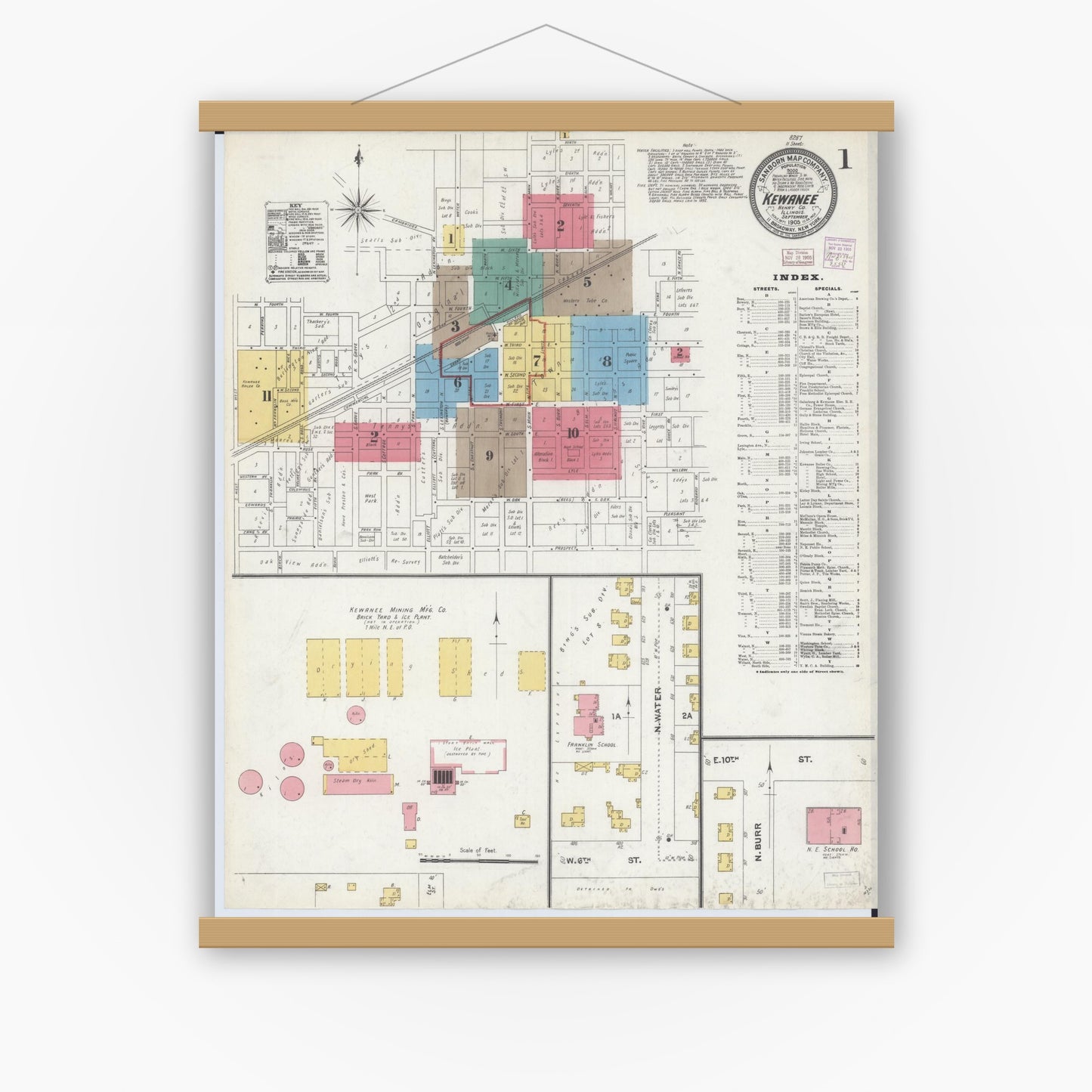 Old map wall art mockup — magnetic wood frame on white wall — Sanborn Fire Insurance Map from Kewanee, Henry County, Illinois (1905), Sheet #0001