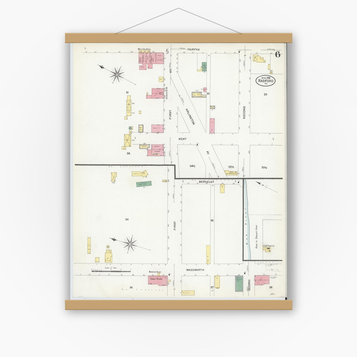 Old map wall art mockup — magnetic wood frame on white wall — Sanborn Fire Insurance Map from Radford, Independent Cities, Virginia (1908), Sheet #0006
