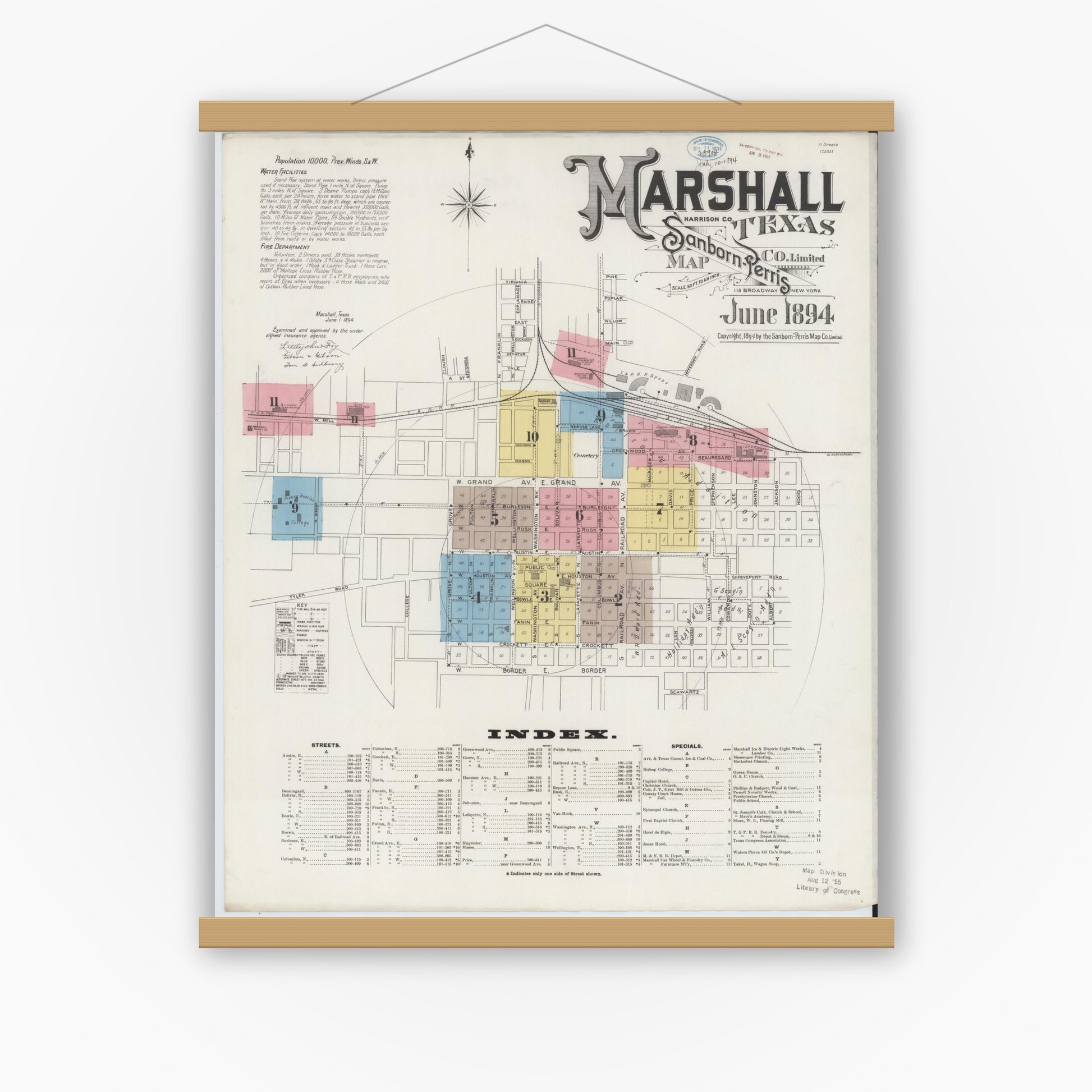 Old map wall art mockup — magnetic wood frame on white wall — Sanborn Fire Insurance Map from Marshall, Harrison County, Texas (1894), Sheet #0001