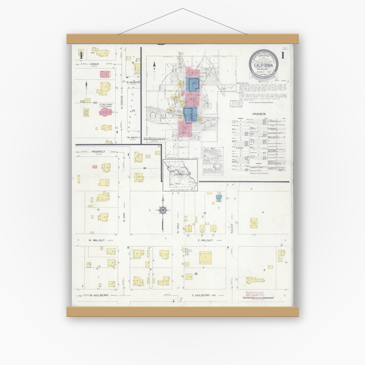 Old map wall art mockup — magnetic wood frame on white wall — Sanborn Fire Insurance Map from California, Moniteau County, Missouri (1930) - Complete Map Set