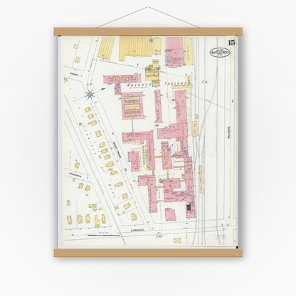 Old map wall art mockup — magnetic wood frame on white wall — Sanborn Fire Insurance Map from Battle Creek, Calhoun County, Michigan (1902), Sheet #0015