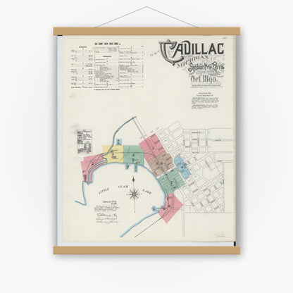 Old map wall art mockup — magnetic wood frame on white wall — Sanborn Fire Insurance Map from Cadillac, Wexford County, Michigan (1890) - Complete Map Set