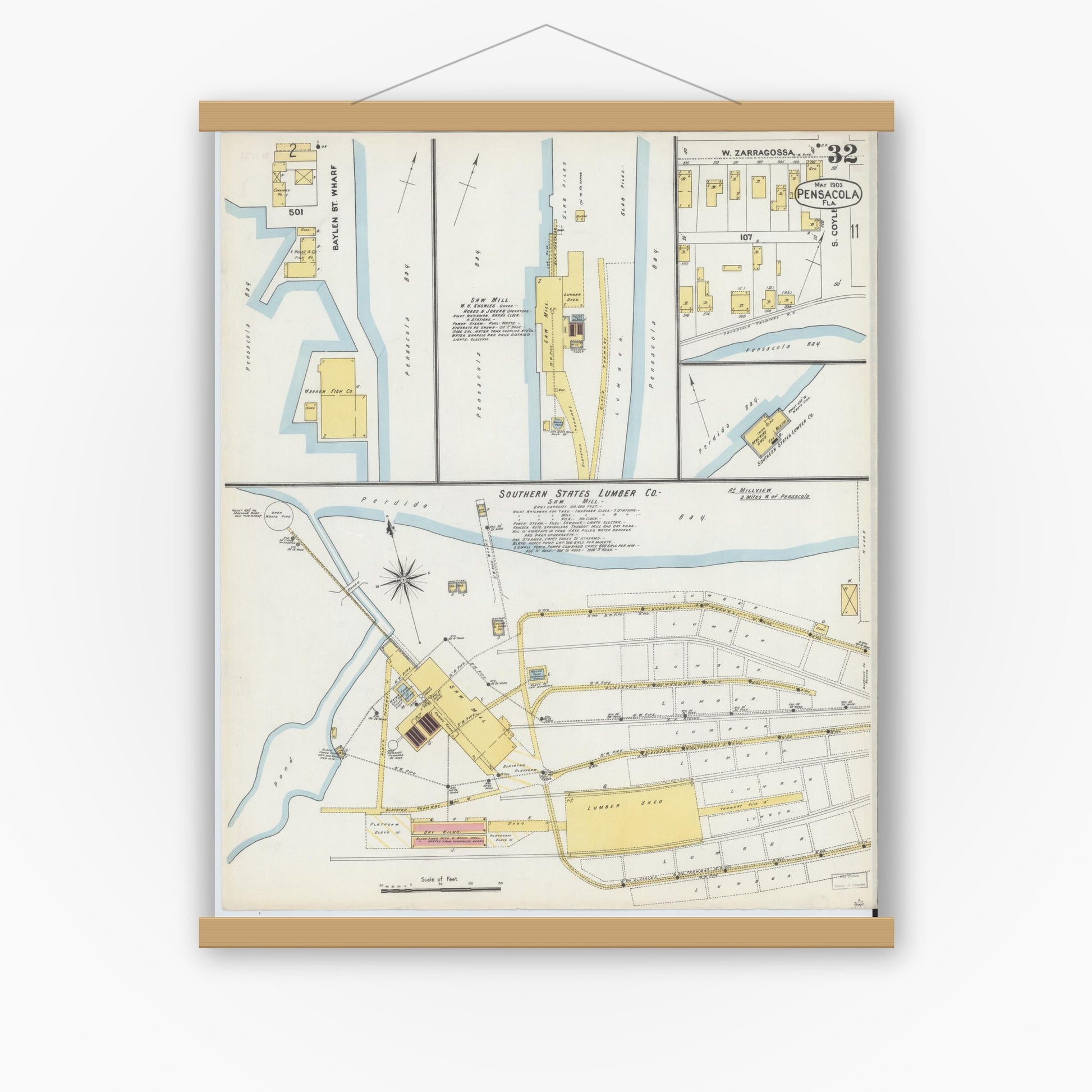 Old map wall art mockup — magnetic wood frame on white wall — Sanborn Fire Insurance Map from Pensacola, Escambia County, Florida (1903), Sheet #0032