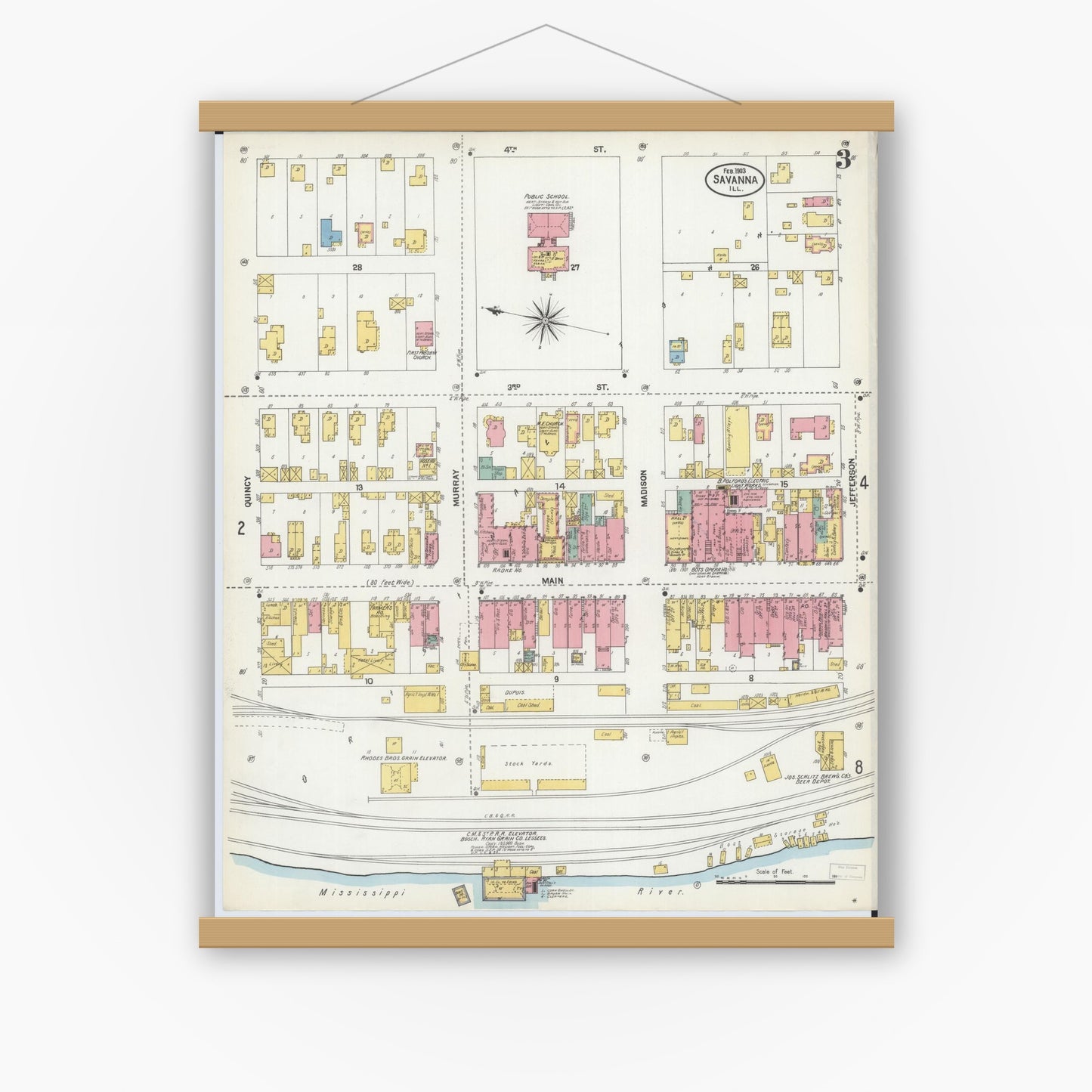 Old map wall art mockup — magnetic wood frame on white wall — Sanborn Fire Insurance Map from Savanna, Carroll County, Illinois (1903), Sheet #0003