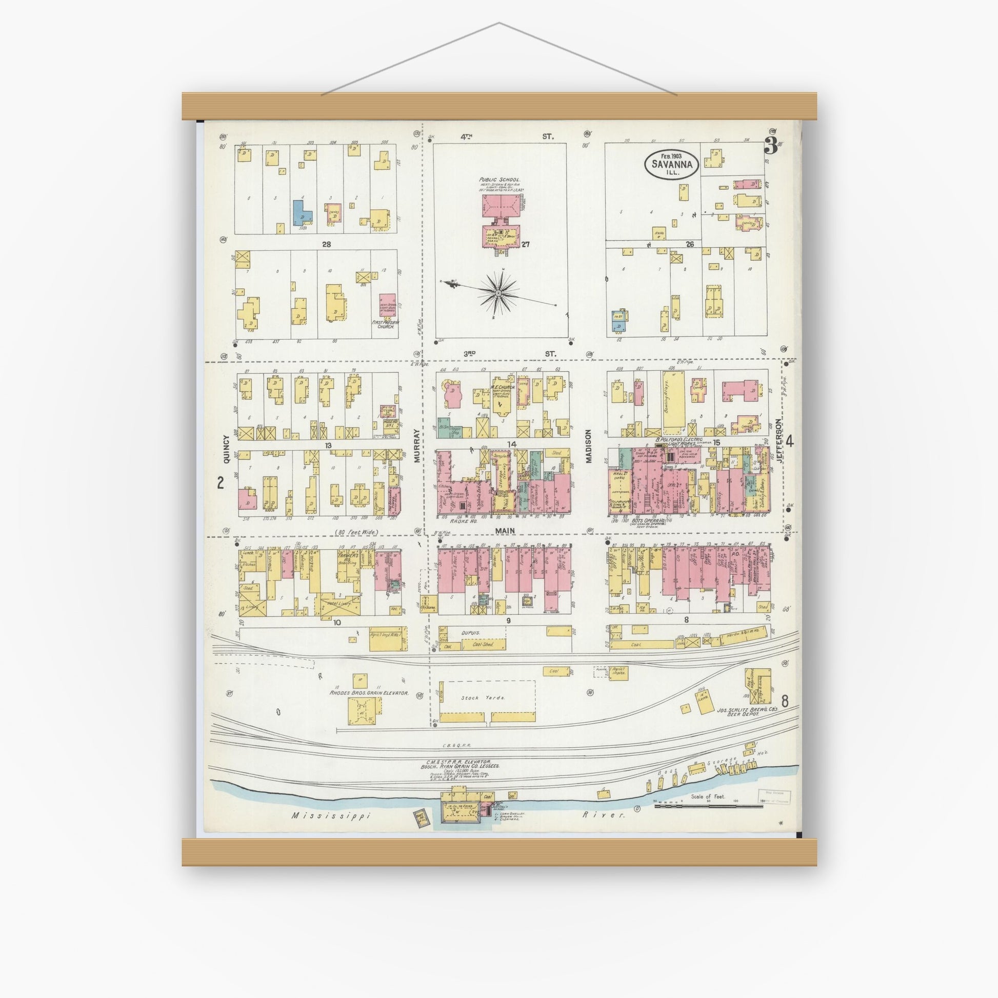 Old map wall art mockup — magnetic wood frame on white wall — Sanborn Fire Insurance Map from Savanna, Carroll County, Illinois (1903), Sheet #0003
