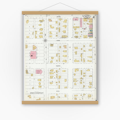 Old map wall art mockup — magnetic wood frame on white wall — Sanborn Fire Insurance Map from Wells, Faribault County, Minnesota (1900), Sheet #0004