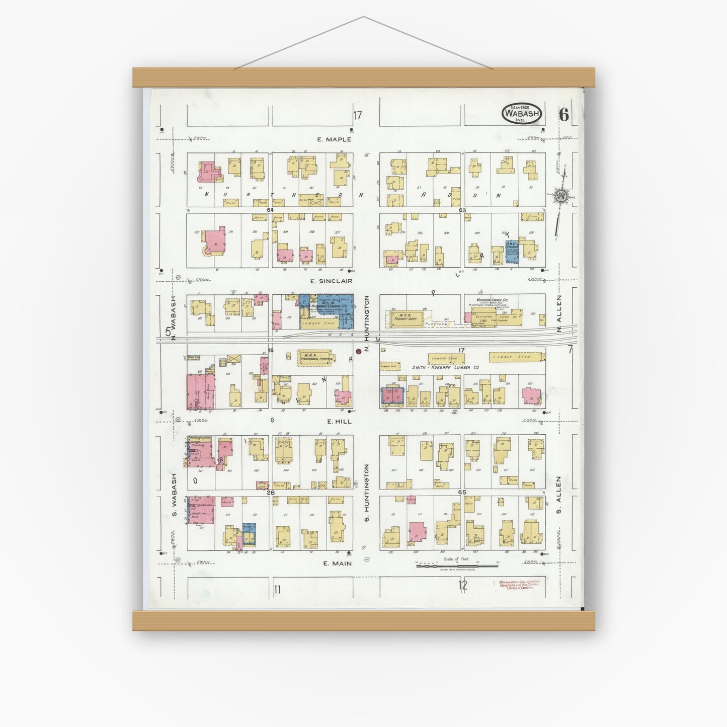 Old map wall art mockup — magnetic wood frame on white wall — Sanborn Fire Insurance Map from Wabash, Wabash County, Indiana (1920), Sheet #0006