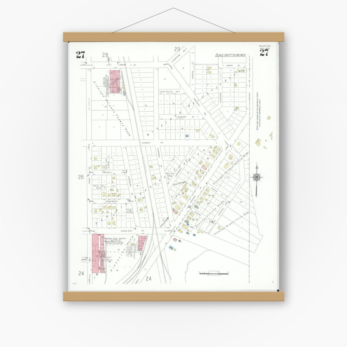 Old map wall art mockup — magnetic wood frame on white wall — Sanborn Fire Insurance Map from Beloit, Rock County, Wisconsin (1939), Sheet #0027