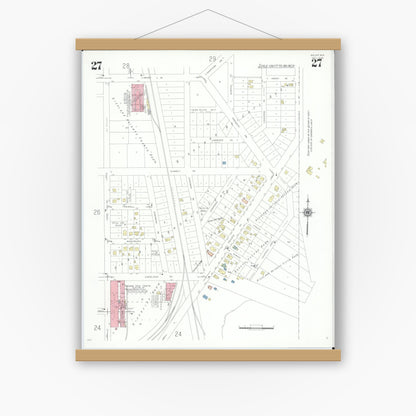Old map wall art mockup — magnetic wood frame on white wall — Sanborn Fire Insurance Map from Beloit, Rock County, Wisconsin (1939), Sheet #0027