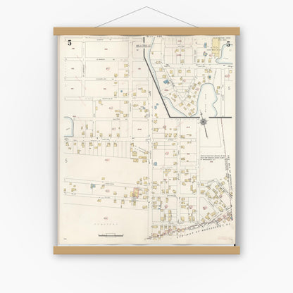 Old map wall art mockup — magnetic wood frame on white wall — Sanborn Fire Insurance Map from Blackstone, Worcester County, Massachusetts (1948), Sheet #0005