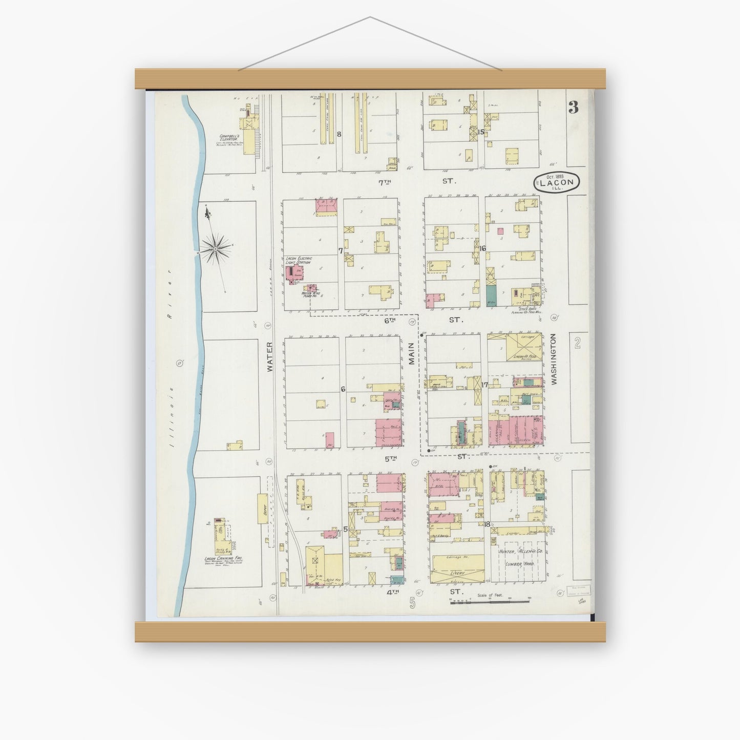Old map wall art mockup — magnetic wood frame on white wall — Sanborn Fire Insurance Map from Lacon, Marshall County, Illinois (1893), Sheet #0003