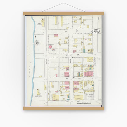 Old map wall art mockup — magnetic wood frame on white wall — Sanborn Fire Insurance Map from Lacon, Marshall County, Illinois (1893), Sheet #0003