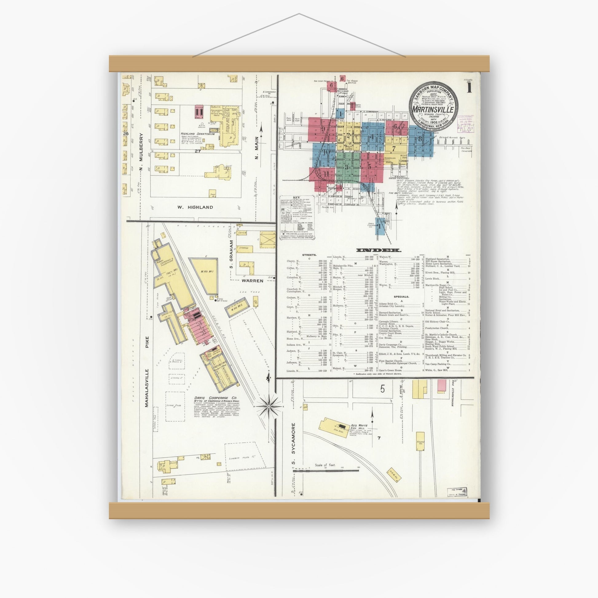 Old map wall art mockup — magnetic wood frame on white wall — Sanborn Fire Insurance Map from Martinsville, Morgan County, Indiana (1908) - Complete Map Set