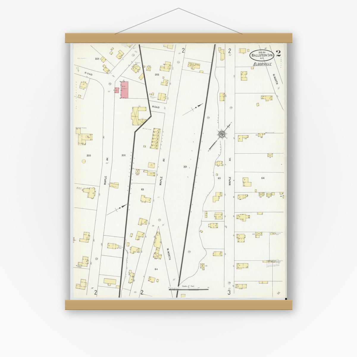 Old map wall art mockup — magnetic wood frame on white wall — Sanborn Fire Insurance Map from Ballston Spa, Saratoga County, New York (1911) - Complete Map Set