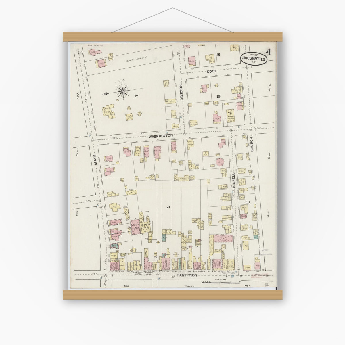 Old map wall art mockup — magnetic wood frame on white wall — Sanborn Fire Insurance Map from Saugerties, Ulster County, New York (1887), Sheet #0004