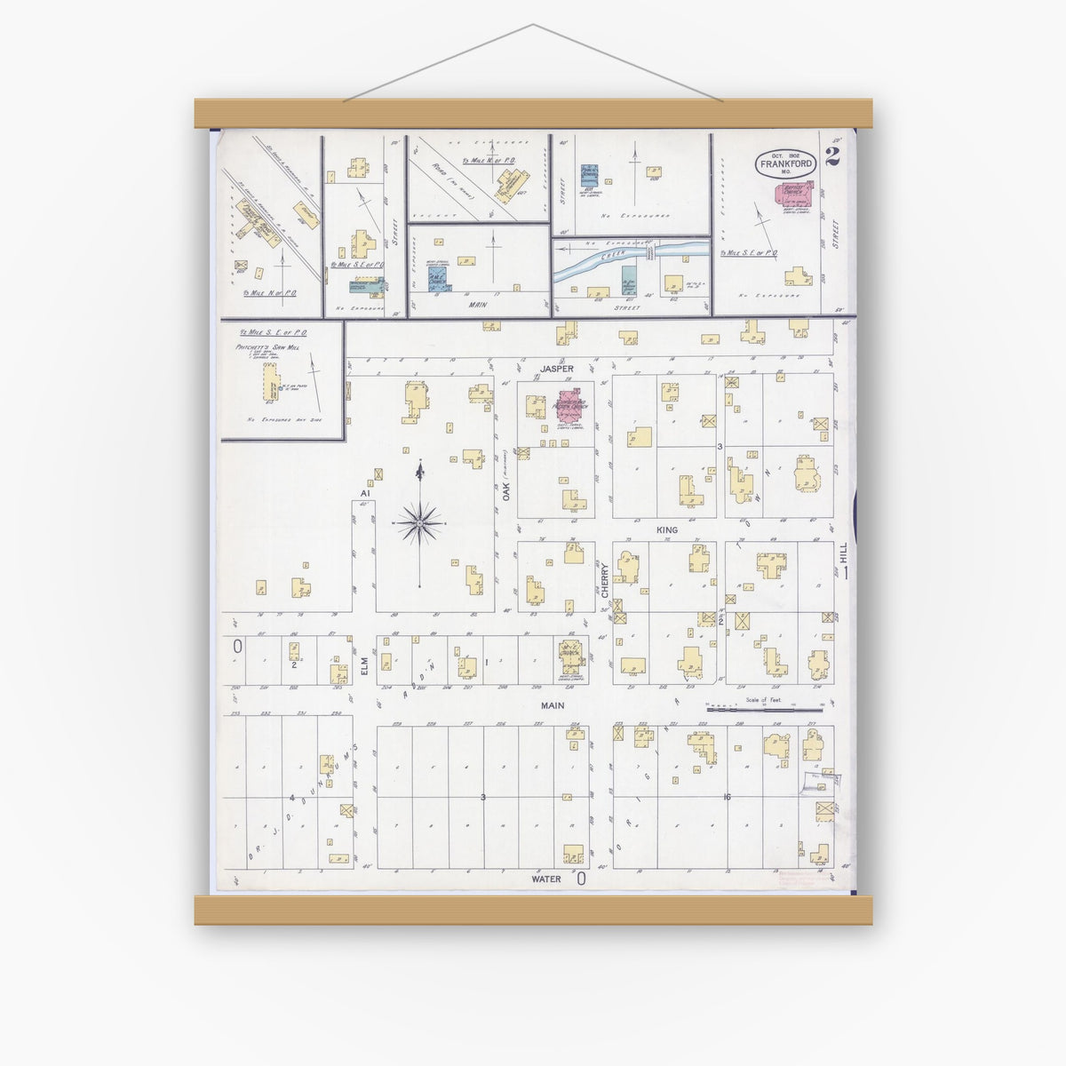 Old map wall art mockup — magnetic wood frame on white wall — Sanborn Fire Insurance Map from Frankford, Pike County, Missouri (1902), Sheet #0002