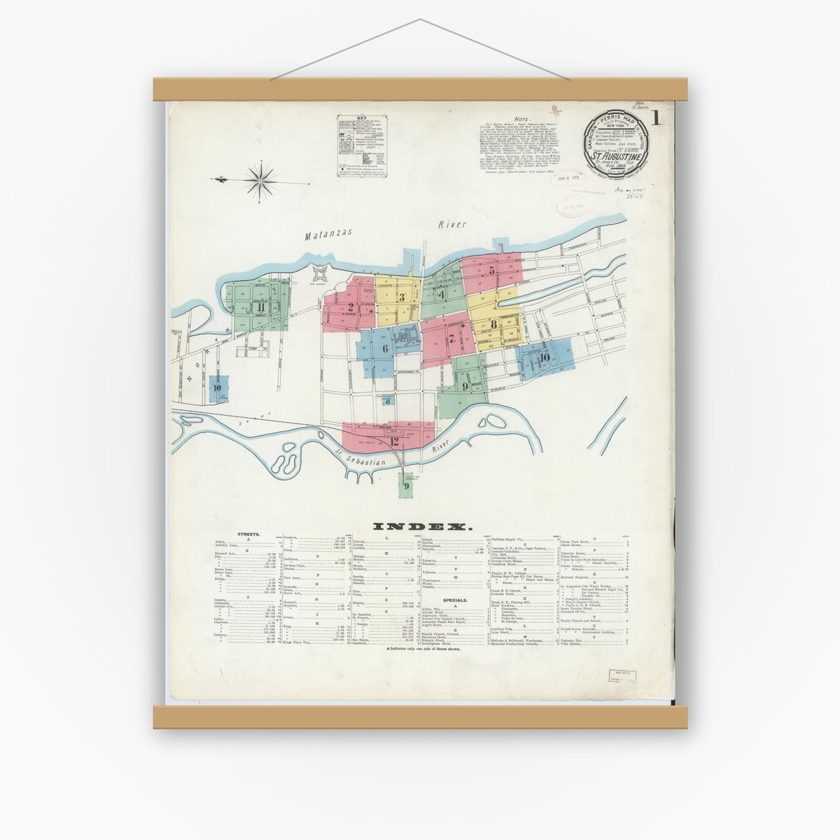 Old map wall art mockup — magnetic wood frame on white wall — Sanborn Fire Insurance Map from Saint Augustine, Saint John's County, Florida (1899) - Complete Map Set