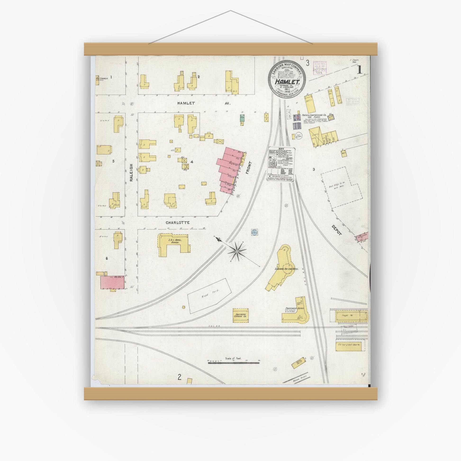 Old map wall art mockup — magnetic wood frame on white wall — Sanborn Fire Insurance Map from Hamlet, Richmond County, North Carolina (1905), Sheet #0001