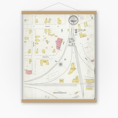 Old map wall art mockup — magnetic wood frame on white wall — Sanborn Fire Insurance Map from Hamlet, Richmond County, North Carolina (1905), Sheet #0001