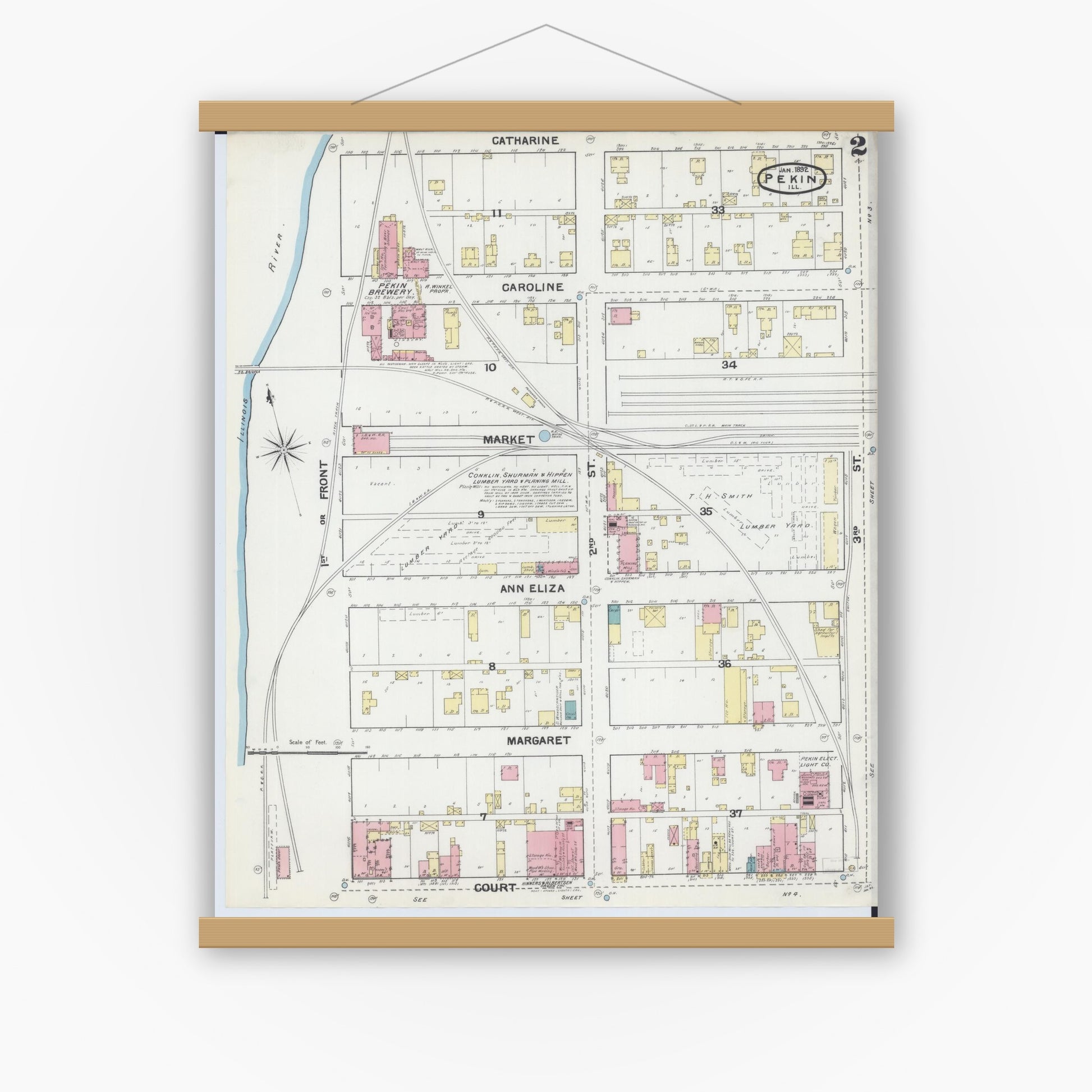 Old map wall art mockup — magnetic wood frame on white wall — Sanborn Fire Insurance Map from Pekin, Tazewell County, Illinois (1892), Sheet #0002