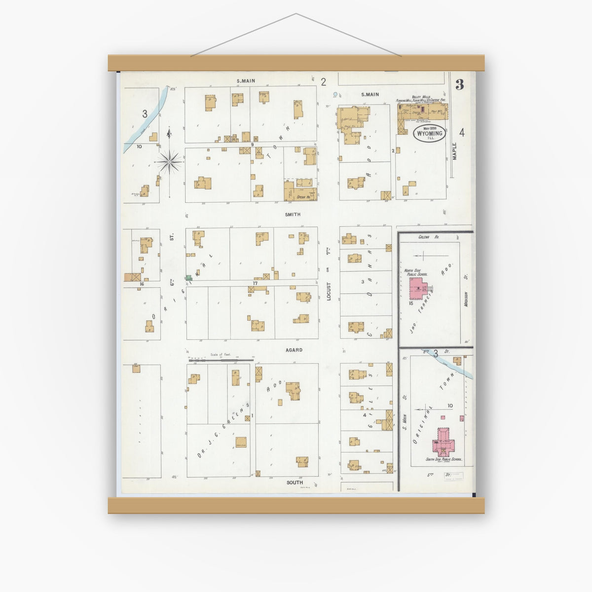 Old map wall art mockup — magnetic wood frame on white wall — Sanborn Fire Insurance Map from Wyoming, Stark County, Illinois (1899), Sheet #0003