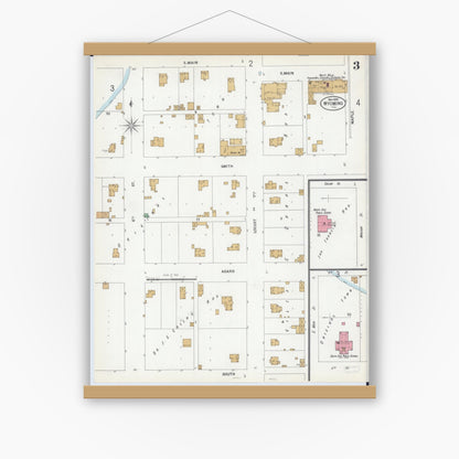 Old map wall art mockup — magnetic wood frame on white wall — Sanborn Fire Insurance Map from Wyoming, Stark County, Illinois (1899), Sheet #0003