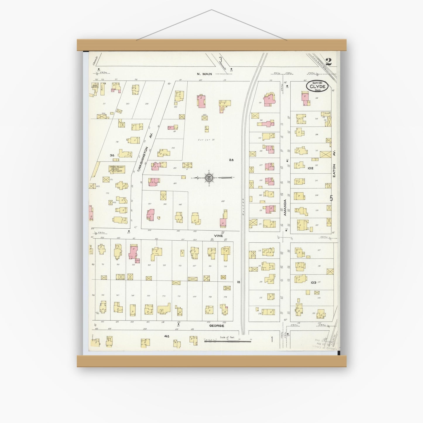 Old map wall art mockup — magnetic wood frame on white wall — Sanborn Fire Insurance Map from Clyde, Sandusky County, Ohio (1911), Sheet #0002