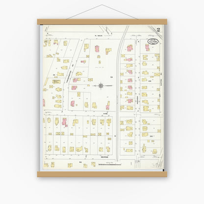 Old map wall art mockup — magnetic wood frame on white wall — Sanborn Fire Insurance Map from Clyde, Sandusky County, Ohio (1911), Sheet #0002