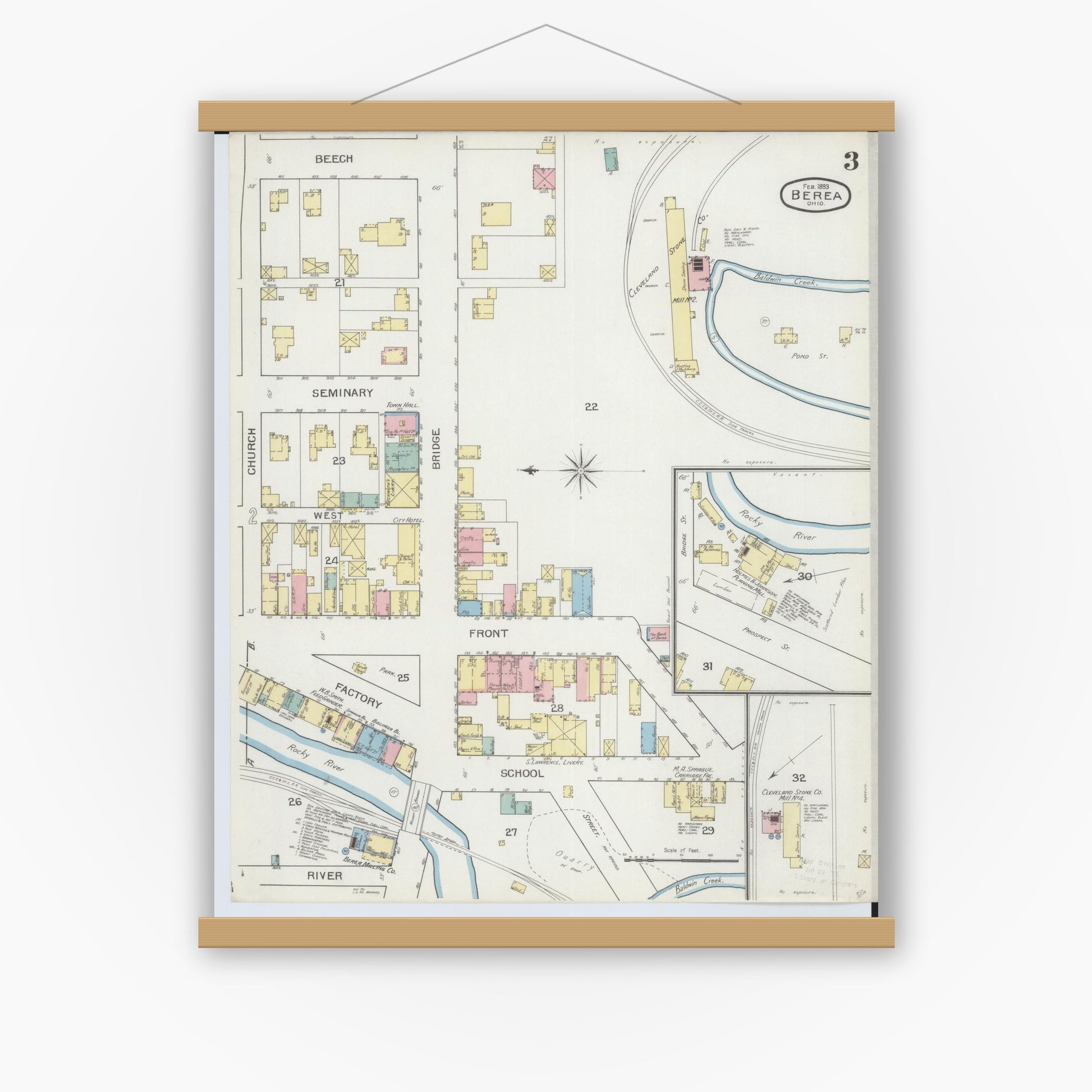Old map wall art mockup — magnetic wood frame on white wall — Sanborn Fire Insurance Map from Berea, Cuyahoga County, Ohio (1893), Sheet #0003